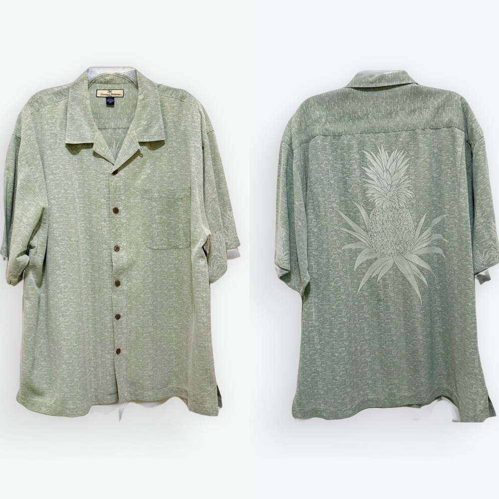 Tommy Bahama Silk Hawaiian Bowling Shirt seafoam green Pineapple embossing XL